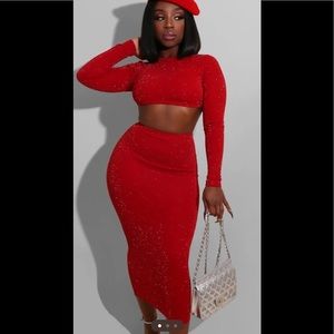RED GLITTER STRETCH TWO PIECE MIDI SKIRT SET BRAND NEW
